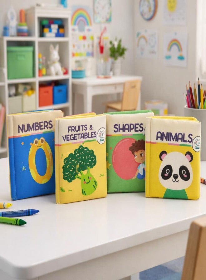 Storio Baby Cloth Books Set of 4 - Soft Sensory Books with Crinkle Sound | Washable Early Learning Toys for Babies | Animals, Numbers, Shapes, Fruits & Vegetables | Non-Toxic Gift 6+ Months - Image 1